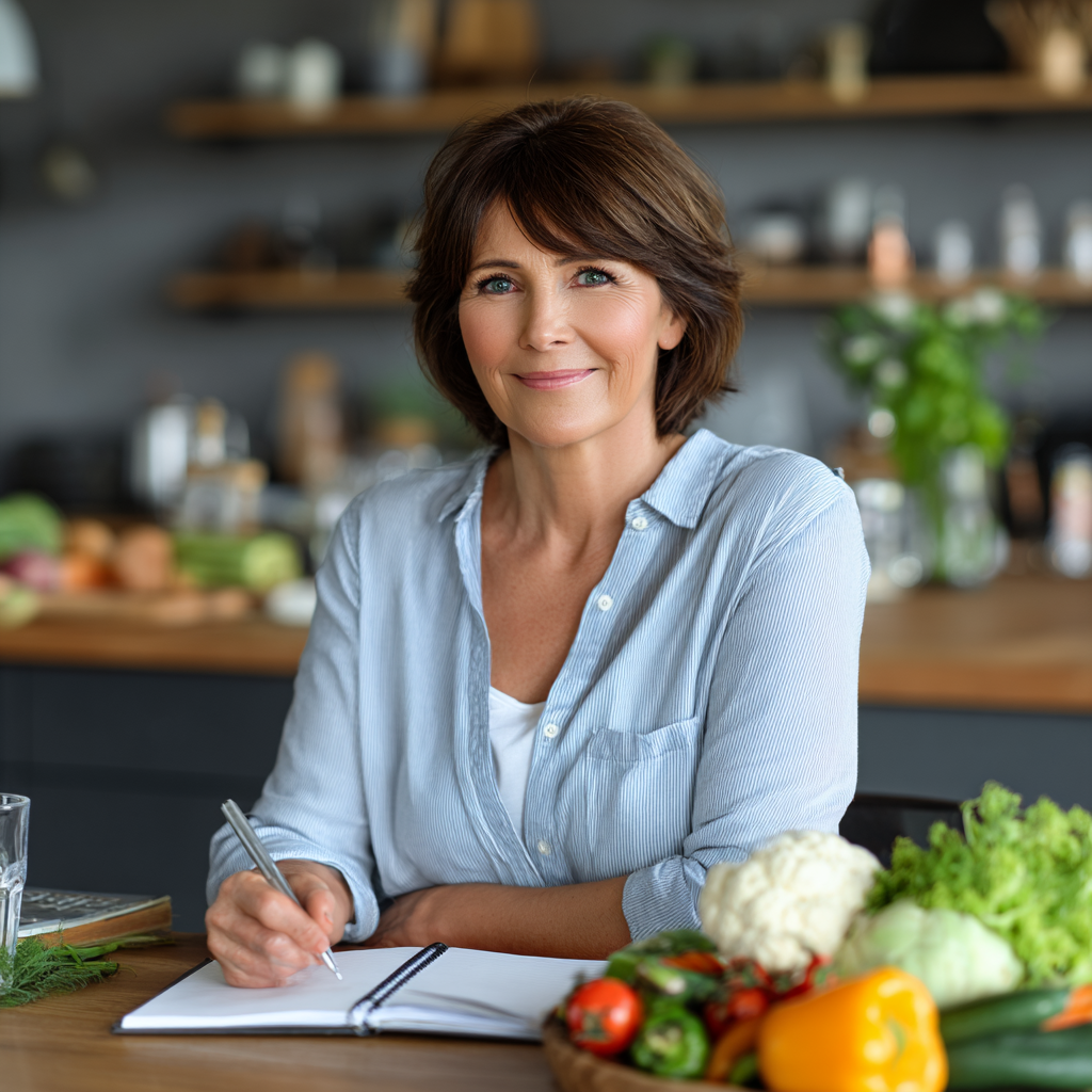 Confident middle-aged woman in her early 50s with short brown hair, wearing a light blue casual shirt, sitting at a modern kitchen table with fresh vegetables and a notebook, smiling warmly while planning her weekly meals in natural daylight