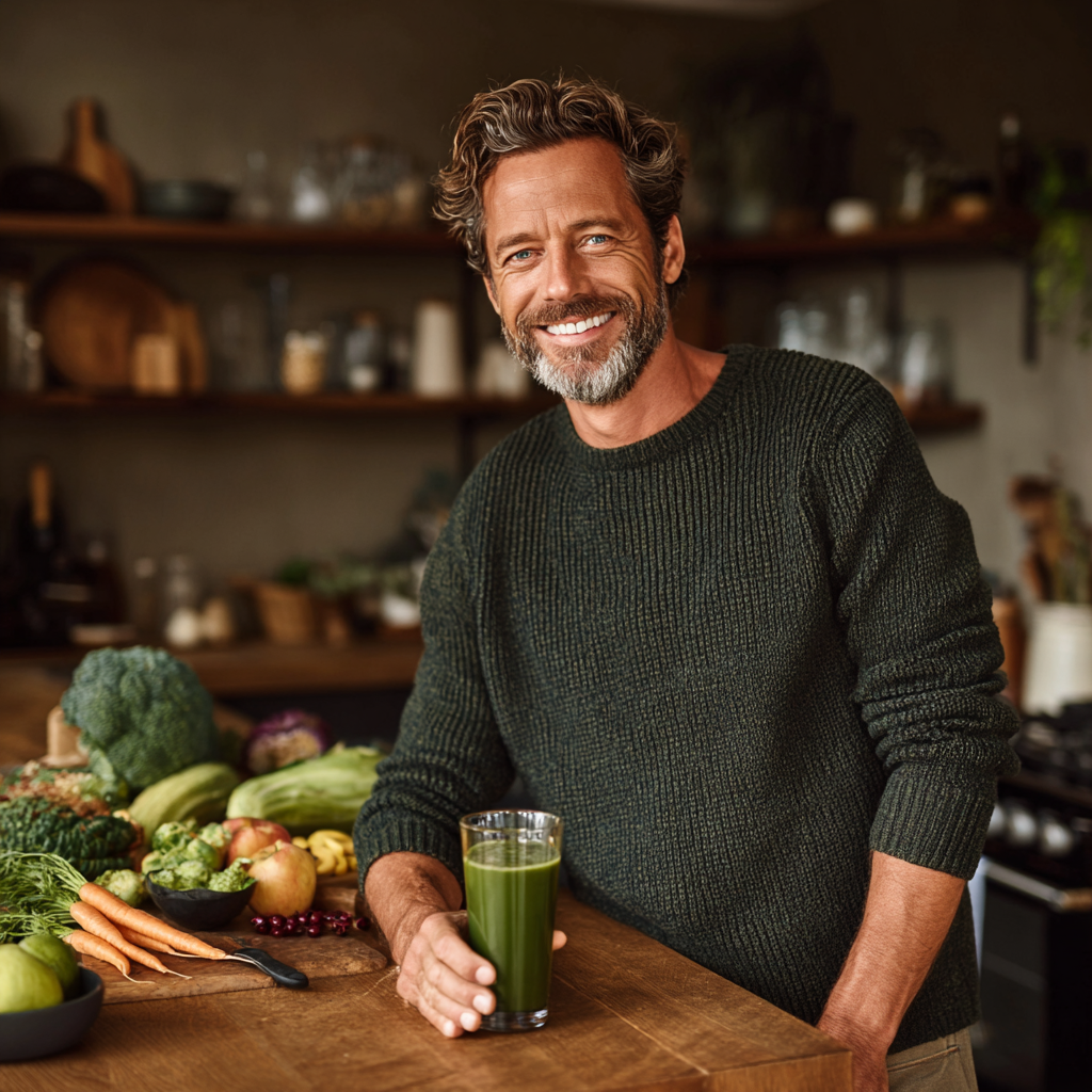 Handsome man in his mid-40s with graying hair and beard, wearing a dark green sweater, standing in a bright kitchen with healthy ingredients spread on a wooden counter, holding a glass of green smoothie with a genuine smile expressing satisfaction with his healthy lifestyle choices